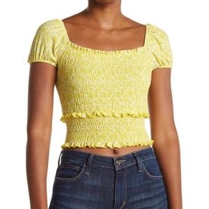 New Lush Printed Puff Short Sleeve Smocked Crop Top Yellow Size XS